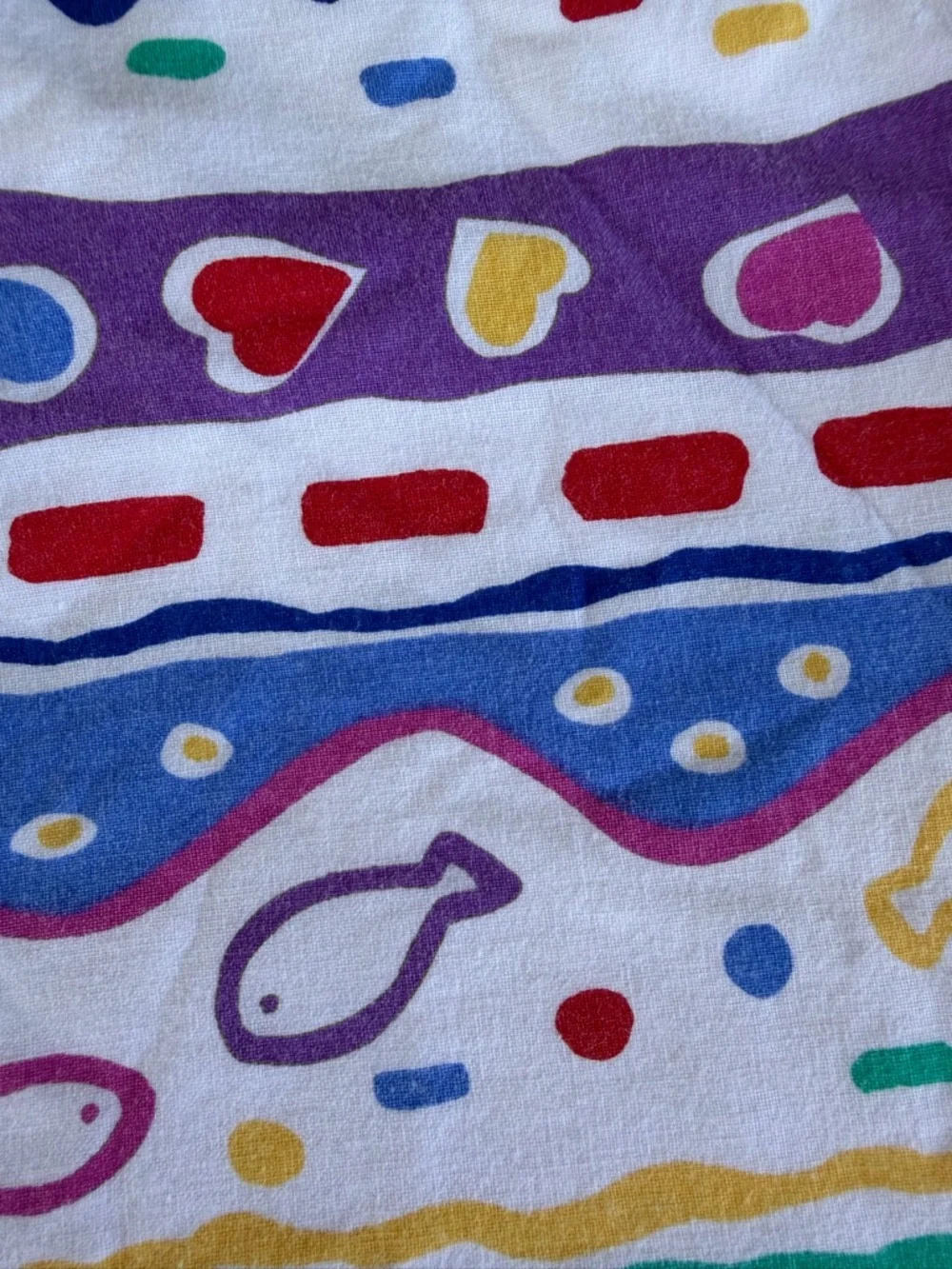 Vintage 90s Baby Blanket Bright Colorful Fish Hearts Shapes Primary Colors 36x41